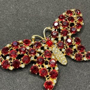 5”Large Antique Czech Red Rhinestone butterfly Brooch